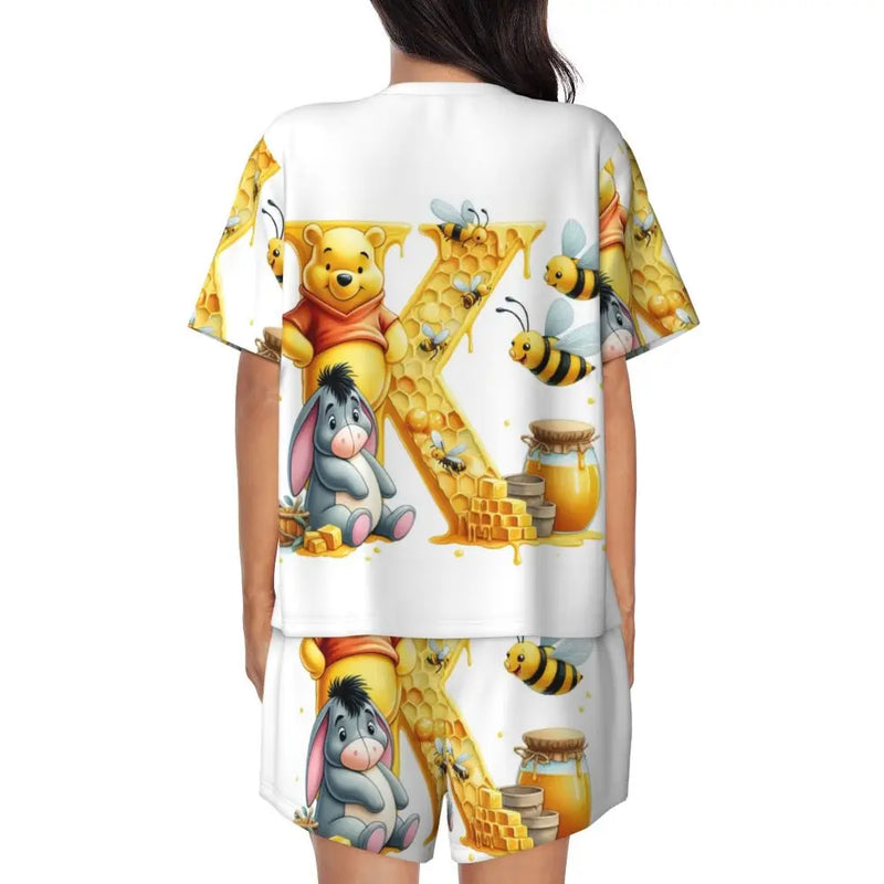 Custom Winnie The Pooh Pajama Sets Womens 2 Piece Short Sleeve Pjs Shorts Sleepwear