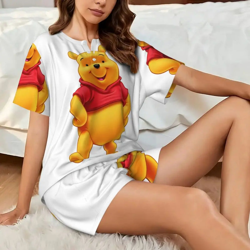 Custom Winnie The Pooh Pajama Sets Womens 2 Piece Short Sleeve Pjs Shorts Sleepwear