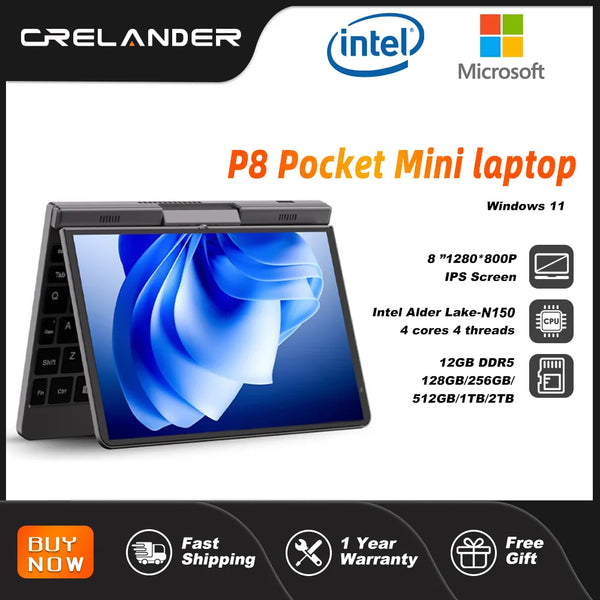 CRELANDER P8 Mini Gaming Laptop 8 Inch Touch Screen Intel Alder Lake N150 12GB DDR5 Windows 11 WiFi 6 Small Pocket Laptop