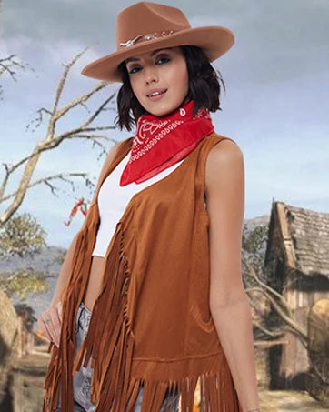 3 Pcs Women Cowboy Cowgirl Costume Faux Suede Tassel Vest Waistcoat with Rivets Cowboy Hat Carnival Party Clothes Clubwear