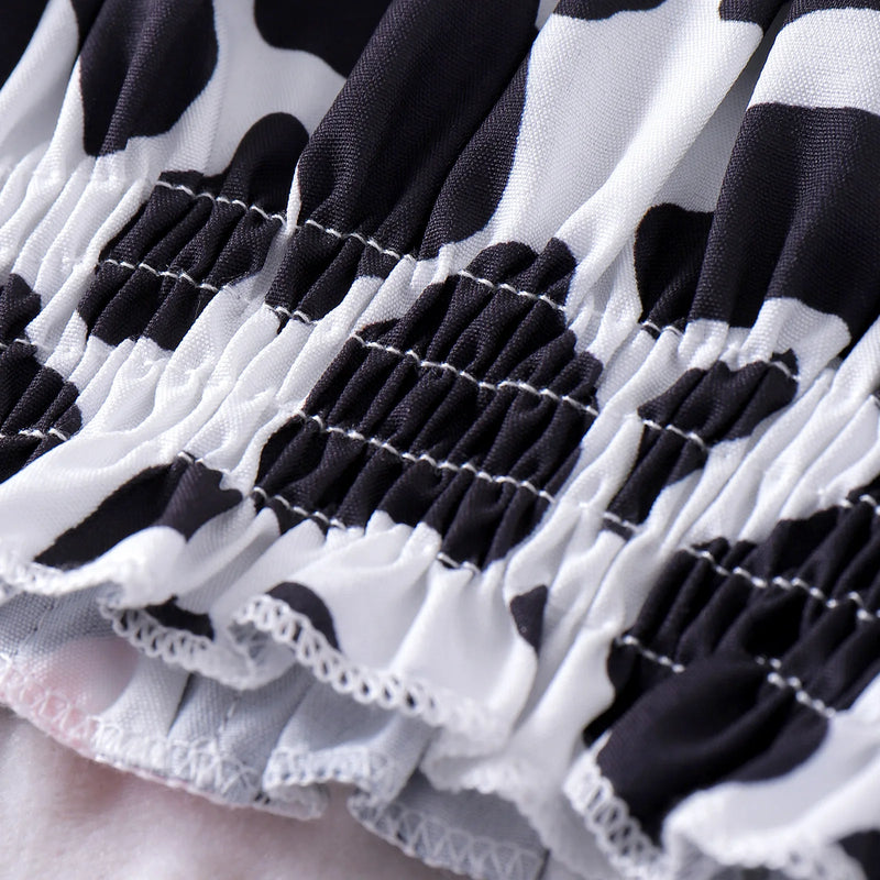 Baby Girls Summer Western Cowgirl Outfit Cow Print Off Shoulder Smocked Shirt Top with Denim Shorts for Daily School Party Wear