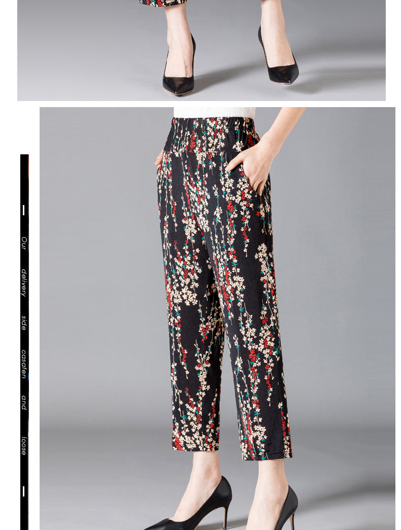 XL-8XL Plus Size Women Harem Pants Casual Elastic High Waist Pants Print Middle Aged Women Loose Straight Pants Mom Trousers