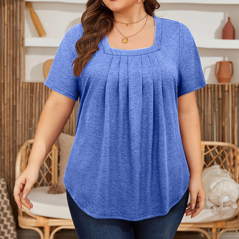 5XL Plus Size Woman Clothing Solid Color Short Sleeve T-shirt Elegant Pleated Square Neck Casual Tees Large Size Ladies Tops