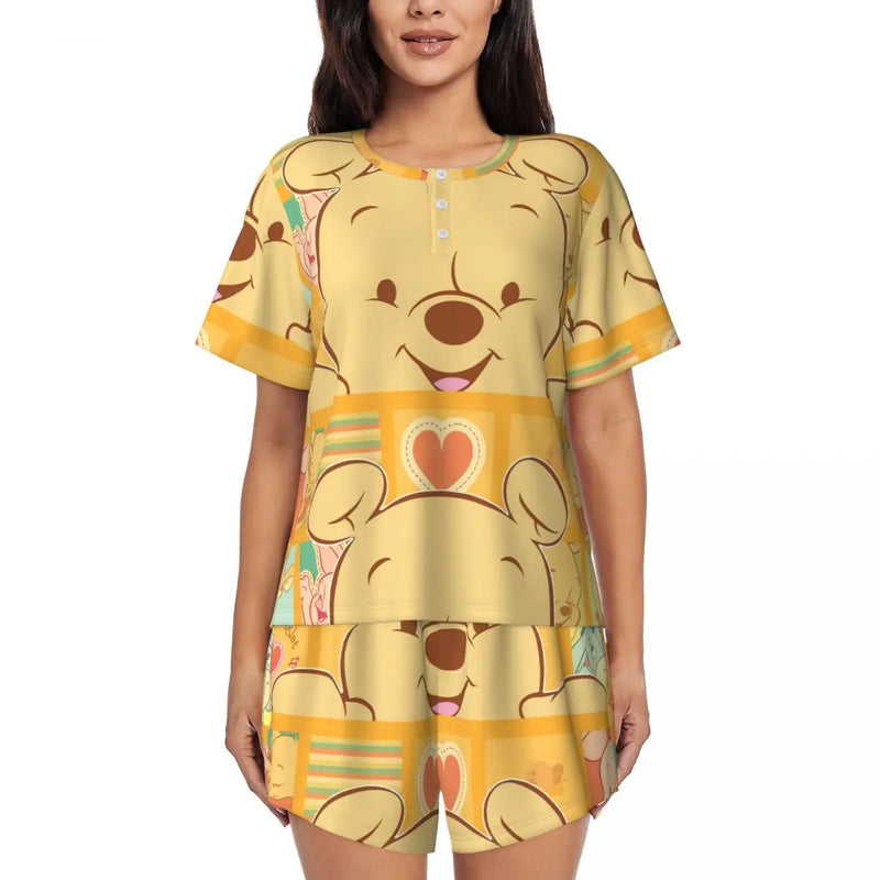 Custom Winnie The Pooh Pajama Sets Womens 2 Piece Short Sleeve Pjs Shorts Sleepwear