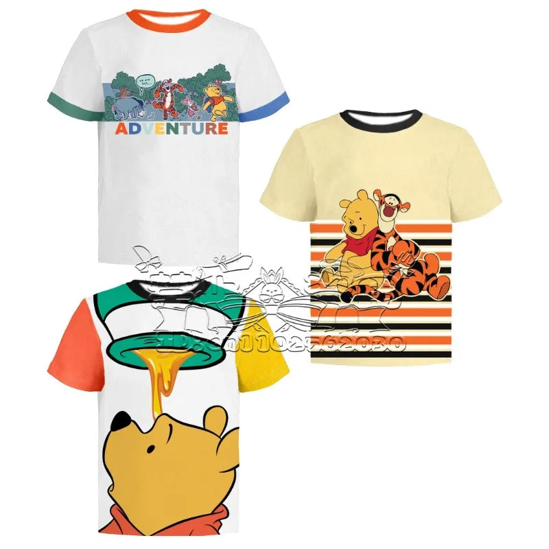 2025 Summer Fashion Cartoon Classic T-shirt MINISO Winnie The Pooh Cute Round Neck Short Sleeve Adult and Children 3D Printed