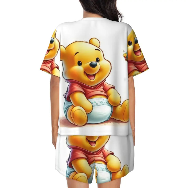 Custom Winnie The Pooh Pajama Sets Womens 2 Piece Short Sleeve Pjs Shorts Sleepwear