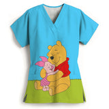Winnie The Pooh Heart Nurse Uniform Print Tops V-Neck Pocket Medical Uniforms Nursing Scrubs Tops Working Clothes Uniforme Enfer