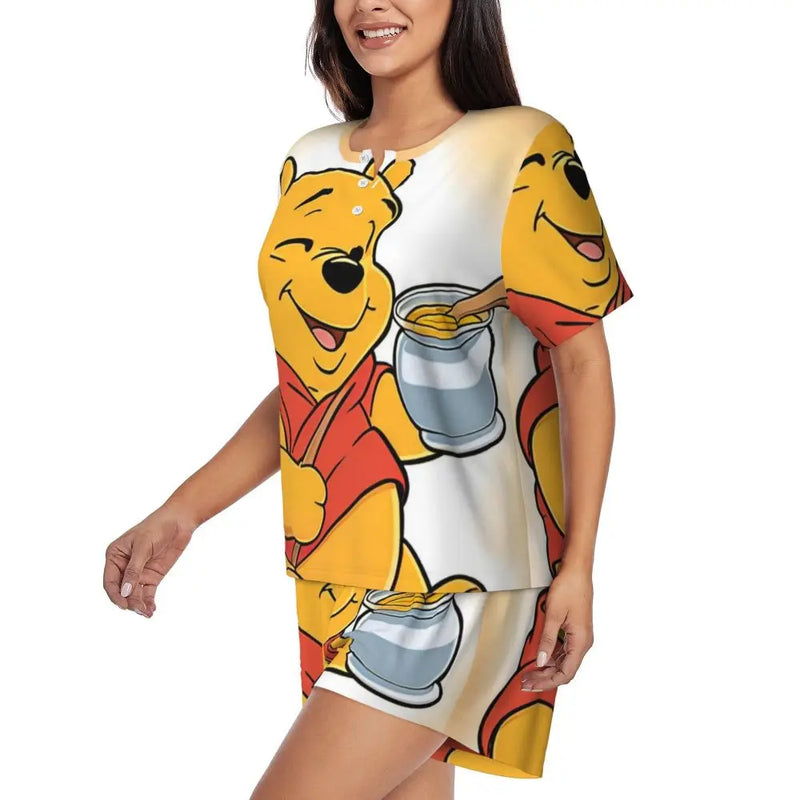 Custom Winnie The Pooh Pajama Sets Womens 2 Piece Short Sleeve Pjs Shorts Sleepwear