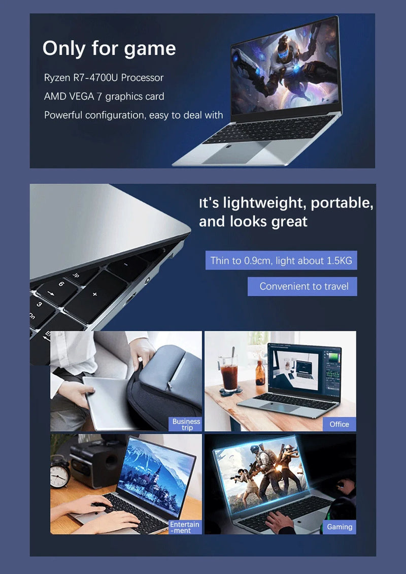 Ultrabook Laptop 15.6 inch AMD R7 4700U Backlit Keyboard Windows11 32GB DDR4 2TB Fingerprint Unlock Gaming Laptop Computer