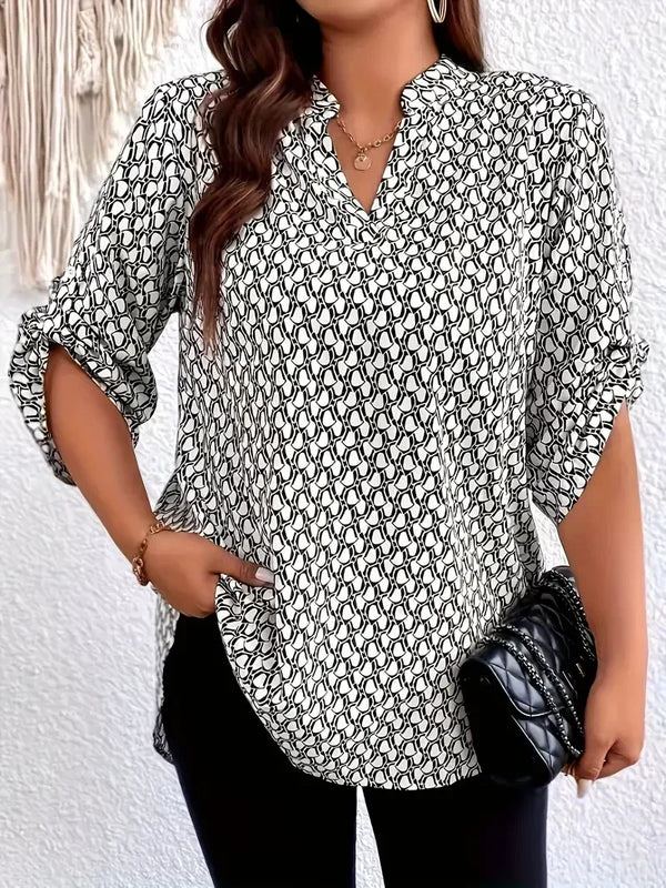 Women's Plus Size 1XL-5XL All Over Print Notch Neck Blouse Casual 3/4 Sleeve Blouse Spring & Fall Clothing