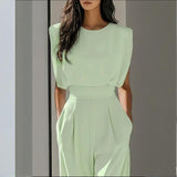 Women's Solid Color Round Neck Short Sleeve Wide-Leg Jumpsuit With Waist Design & Pockets Casual Romper For Spring&Summer