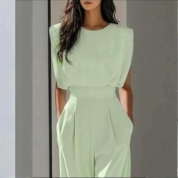 Women's Solid Color Round Neck Short Sleeve Wide-Leg Jumpsuit With Waist Design & Pockets Casual Romper For Spring&Summer