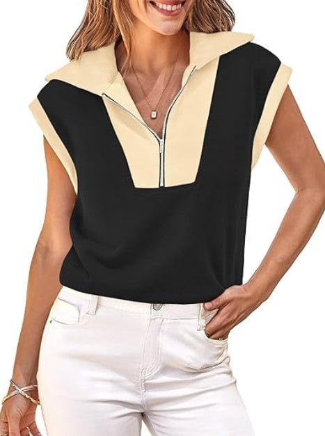 Fisoew Womens Half Zip Sweatshirts Short Sleeve Color Block Lapel V Neck Loose Summer Pullover Tops