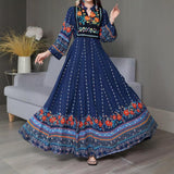 Women's Ethnic Style V-Neck Long Sleeve Dress - Embroidered Floral Pattern A-Line Maxi Dress With Printed Hem Middle Eastern Inspired Fashion