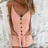 Women's Solid V-Neck Jumpsuit Shorts - Button Front Sleeveless Romper With Drawstring Waist & Pockets Summer Casual Outfit