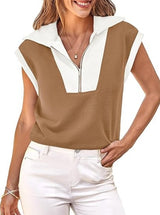 Fisoew Womens Half Zip Sweatshirts Short Sleeve Color Block Lapel V Neck Loose Summer Pullover Tops