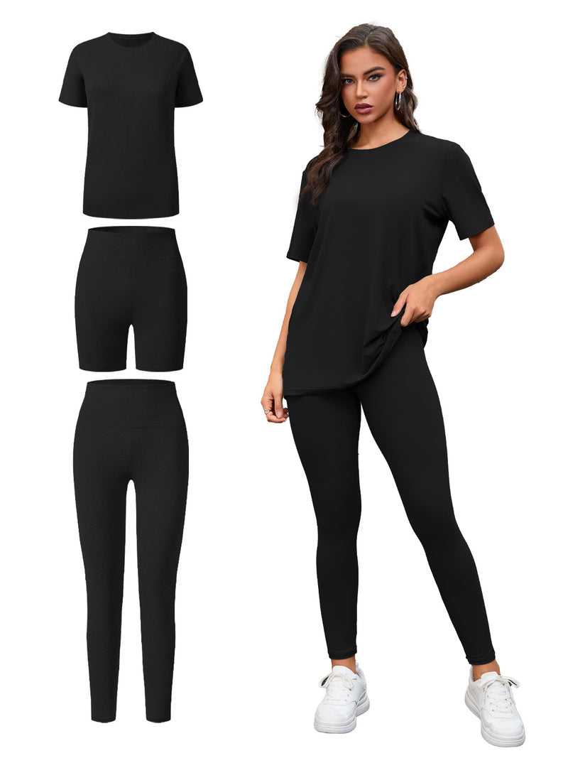 Three Piece Set, Round Neck Short Sleeved Top And Shorts And Pants Set, Sports And Casual Clothing