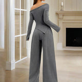 Women's Solid Color Off-Shoulder Long Sleeve Top & Pants Set - Elegant Asymmetrical Hem & Ruffes Cuff Casual Outfit