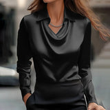 Women's Elegant Long Sleeve Blouse - Solid Color Lapel Top With Ruched Chest Detail Office & Casual Wear For Spring Fall