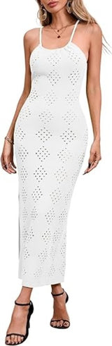 Fisoew Womens Crochet Swimsuit Cover Up Sleeveless Halter Neck Sexy Bodycon Backless Summer Knit Beach Vacation Maxi Dress