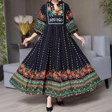 Women's Ethnic Style V-Neck Long Sleeve Dress - Embroidered Floral Pattern A-Line Maxi Dress With Printed Hem Middle Eastern Inspired Fashion
