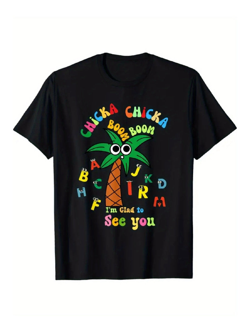 Camiseta Chicka Chicka Boom Boom con divertido diseño de palmera con letras del alfabeto y texto "Me alegro de verte"