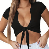 Ladies' New Casual Vacation Style Solid Color Chest Tie Fashion T-shirt