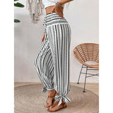 Women's Fashion Striped Long Pants Side-Slit Design Trendy Casual Trousers
