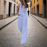 Women's Solid Color V-Neck Vest Two-Piece Set Button Front Vest Top With Pocket Pants For Spring & Summer Casual Outfit