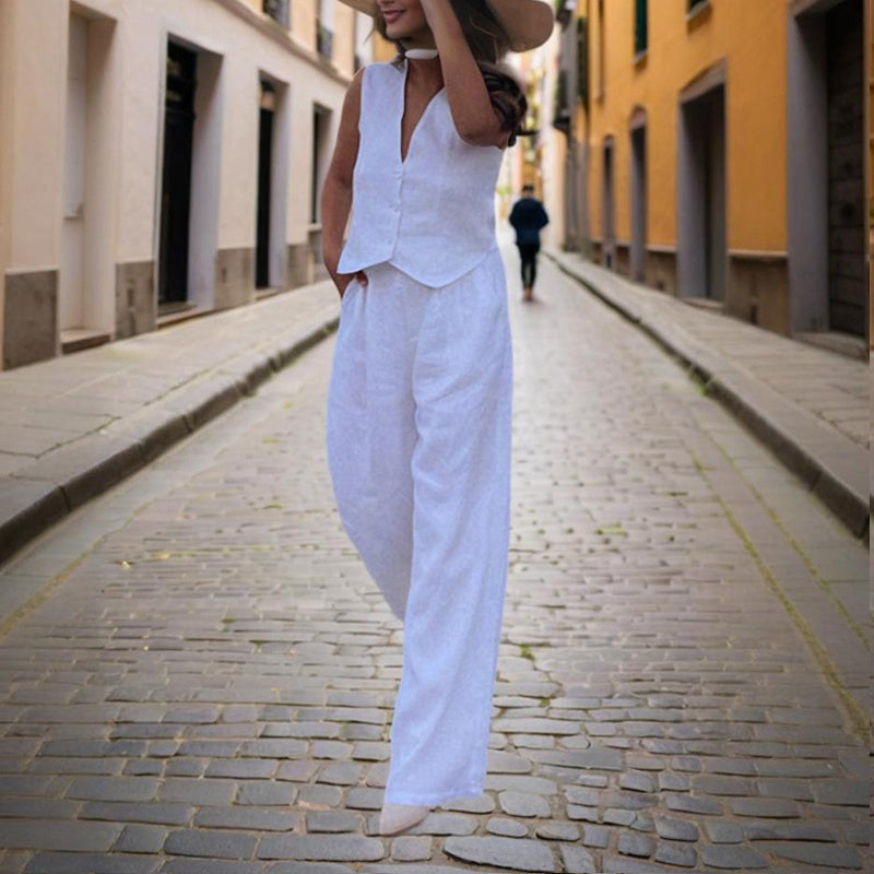 Women's Solid Color V-Neck Vest Two-Piece Set Button Front Vest Top With Pocket Pants For Spring & Summer Casual Outfit