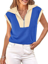 Fisoew Womens Half Zip Sweatshirts Short Sleeve Color Block Lapel V Neck Loose Summer Pullover Tops