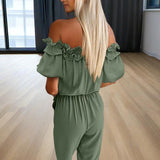 Women's Solid Color Elegant Off-Shoulder Jumpsuit With Ruffle Sleeves & Tie-Waist Summer Casual Romper
