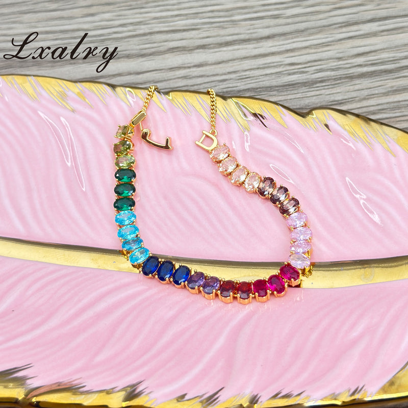 Lxalry 18K Gold Plated Copper Rainbow Zircon Bracelet - Colorful Gem Tennis Chain For Gifting & Everyday Glam - Non-Tarnish, Hypoallergenic, Y2K Trending Jewelry