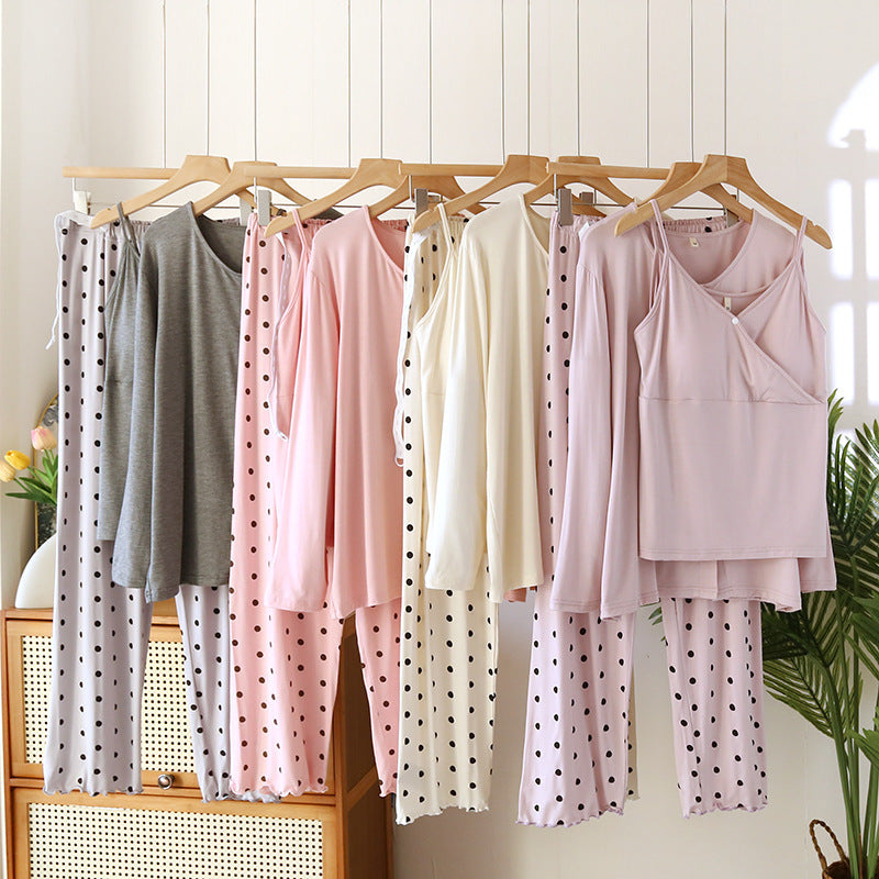 Confinement Clothing Spring And Summer Modal Three-piece Long-sleeved Trousers Pregnant Woman Feeding Nursing Pajamas