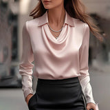 Women's Elegant Long Sleeve Blouse - Solid Color Lapel Top With Ruched Chest Detail Office & Casual Wear For Spring Fall