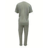 Women's Solid Color Short Sleeve Two-Piece Set - Round Neck, Stripe Trim, Tie Waist Belt, Pockets Spring&Summer Casual Outfit