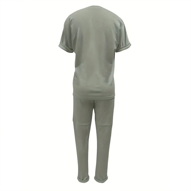 Women's Solid Color Short Sleeve Two-Piece Set - Round Neck, Stripe Trim, Tie Waist Belt, Pockets Spring&Summer Casual Outfit