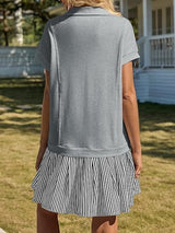 Fisoew Womens Summer Mini Dress Casual Patchwork Short Sleeve Polo V Neck Striped Dresses With Pockets