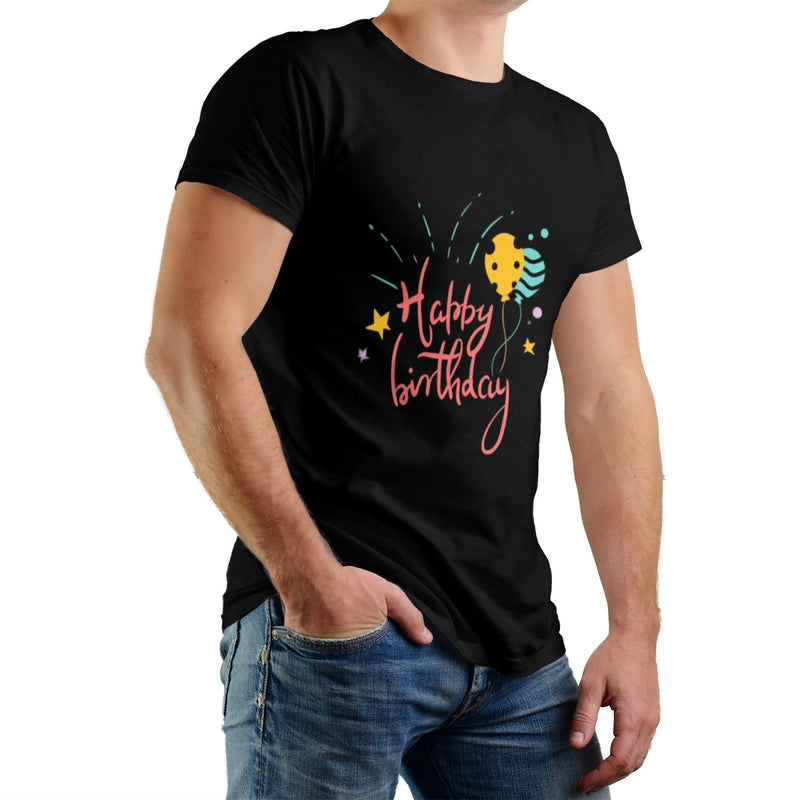 Happy Birthday Men's Pure Cotton Round Neck T-shirt - Slightly Elastic, Suitable For All Seasons Knitted Fabric, Classic Fit Adult Shirt, Birthday Gift