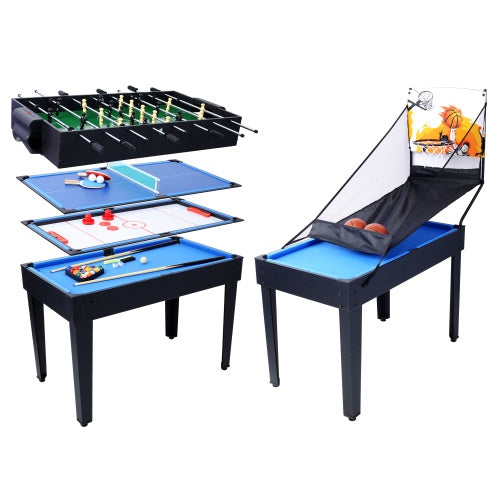 Mesa multijuegos 5 en 1: billar, hockey, futbolín, ping pong y baloncesto, color negro y azul.