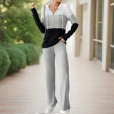 Women's Contracted Design Color-Block Hooded Sweatsuit Set - Long Sleeve Zip-Up Hoodie With Wide-Leg Lounge Pants