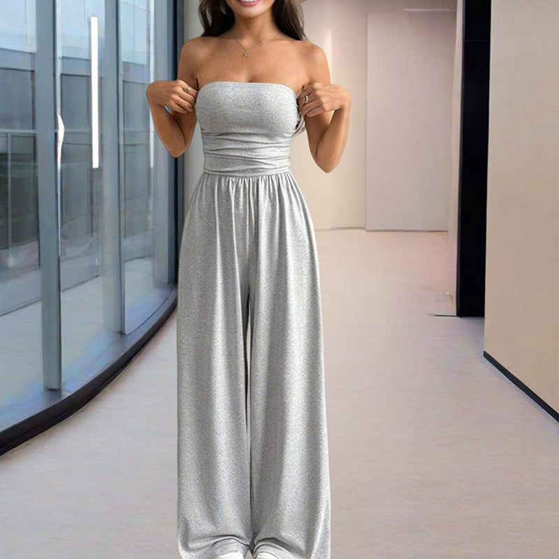 Women's Solid Color Strapless Jumpsuit Wide-Leg Palazzo Pants With Pleats Summer Fashion Outfit