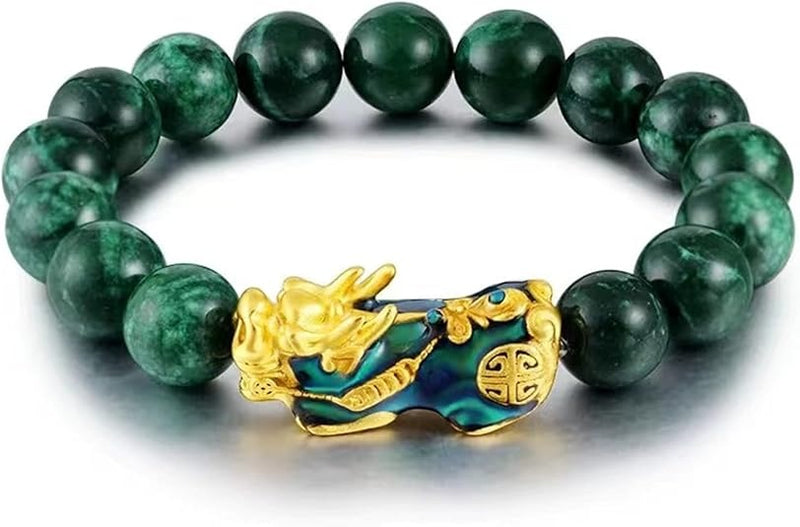 Feng Shui Bracelet, Green Stone Beads Bracelet Unisex Feng Shui Pi Xiu Wristband Gold Wealth Pixiu Women Men Bracelets-Black Green-- Prohibited From Selling On Temu