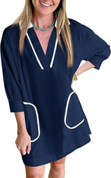 Saodimallsu Womens V Neck Swimsuit Coverup Sleeve Collar Color Block Oversized Cover Ups Mini Beach Dress With Pockets