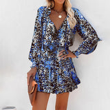 Women's Bohemian Print V-Neck Long Sleeve Dress - Flowy Beach Dress With Elastic Waist