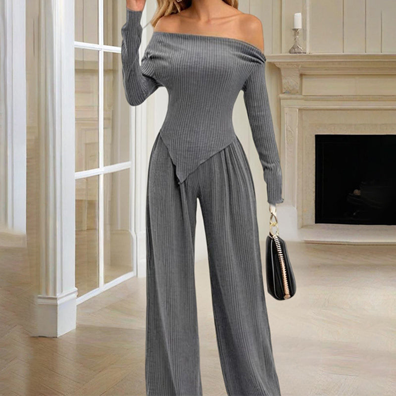Women's Solid Color Off-Shoulder Long Sleeve Top & Pants Set - Elegant Asymmetrical Hem & Ruffes Cuff Casual Outfit