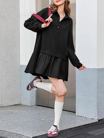 Fisoew Womens Oversized Sweatshirt Dress Long Sleeve V Neck Patchwork Casual Pullover Tops Loose Fit Mini Dresses