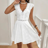 Women's V-Neck Solid Color Short Sleeve Dress With Lace Trim - Summer Sexy Vacation Dress