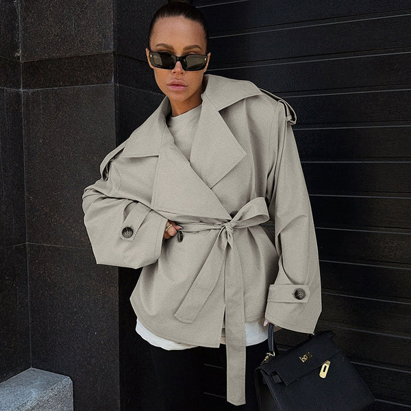 Loose Waistband Long Sleeve Trench Coat Casual Jacket