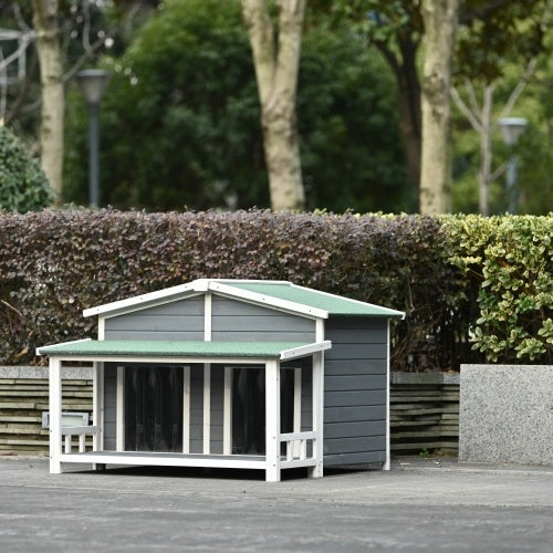 GO 47.2 Large Wooden Dog House Outdoor, Outdoor & Indoor Dog Crate, Cabin Style, With Porch, 2 Doors, Gray And Green